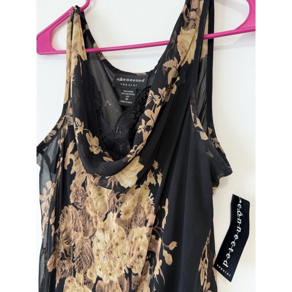 Connected Apparel Black Floral Beaded Chiffon Handkerchief Midi Dress XL Y2K - Picture 3 of 15